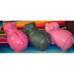 Set Of 3 Plastic Piggy Banks Pink & Green Ararat Shrine Hospital Fundraiser Coll
